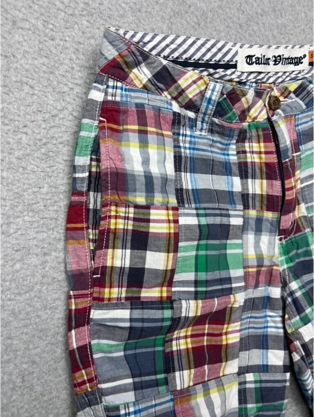 Mens Tailor Vintage Madras Plaid 100% Cotton Shorts Sz 32 Patchwork Preppy Chino
